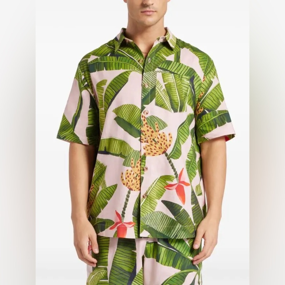 Farm Rio Banana Leaves Pink Button Down Shirt Men’s Medium Tropical